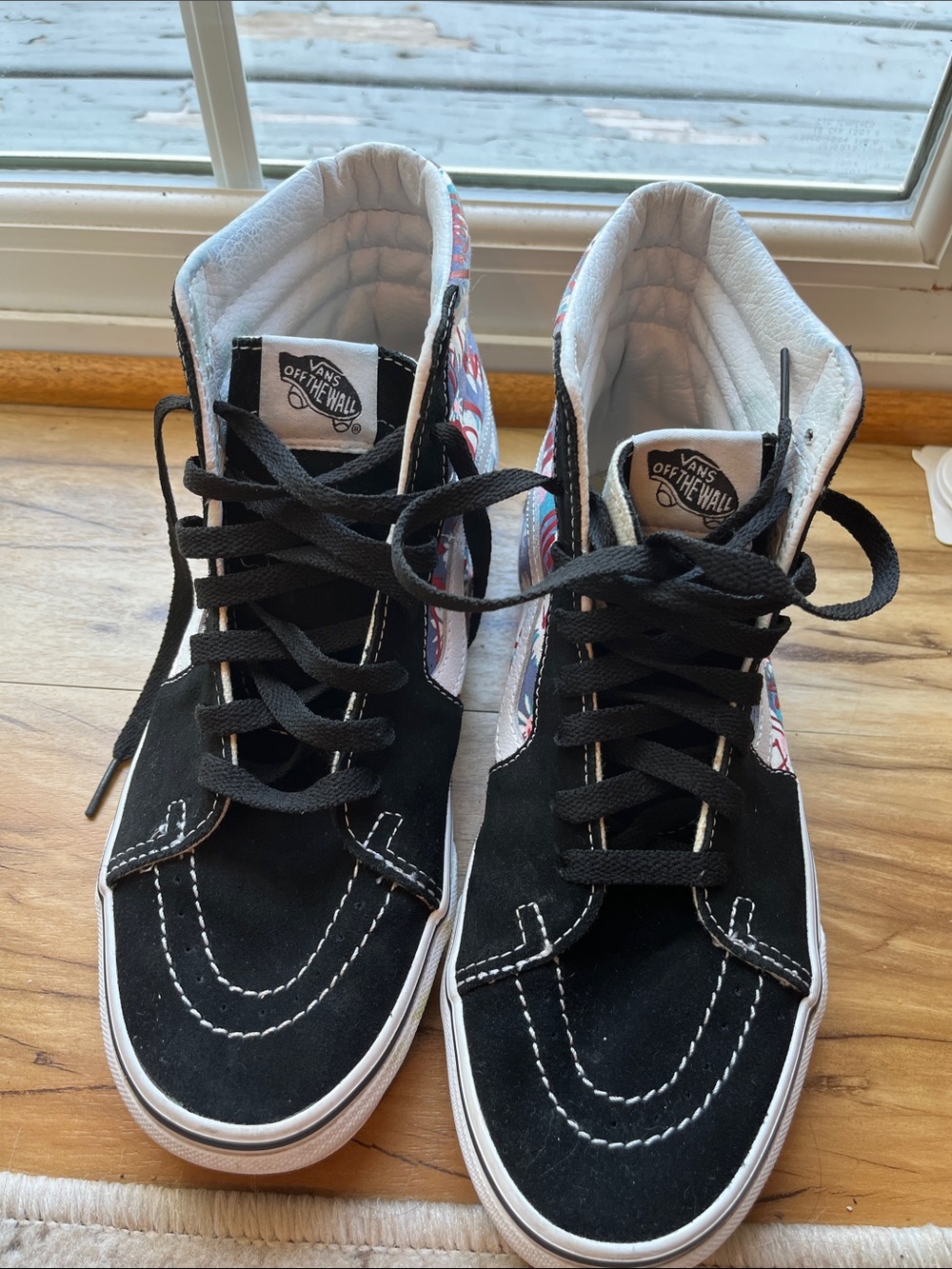 Vans Black and White High Top Sneakers with Floral Panel